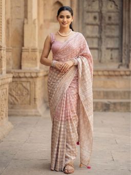 AMRUTKALA SAREES - Peach Designer Linen Printed Floral Saree with Unstitched Blouse