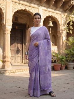 AMRUTKALA SAREES - Purple Designer Linen Printed Saree with Unstitched Blouse