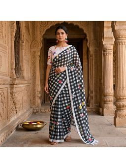 AMRUTKALA SAREES - Black Designer Linen Printed Checks Saree with Unstitched Blouse