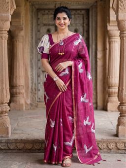 AMRUTKALA SAREES - Pink Designer Linen Printed Saree with Unstitched Blouse