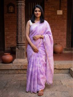 AMRUTKALA SAREES - Purple Designer Linen Printed Saree with Unstitched Blouse