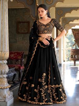 PMD FASHION - Black Silk Embroidered Semi Stitched Lehenga with Unstitched Blouse and Dupatta