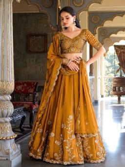 PMD FASHION - Yellow Silk Embroidered Semi Stitched Lehenga with Unstitched Blouse and Dupatta