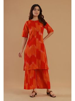 Tjori - Orange Ikat Cotton Straight Kurta