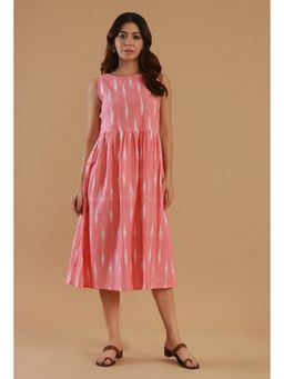 Tjori - Pink Ikat Sleeveless Cotton Dress