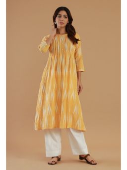 Tjori - Yellow Ikat Gathered Cotton Kurta