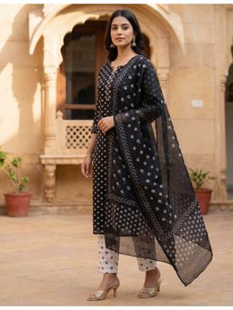 Ushvii - Black Hand Block Print Unstitched Kurta and Pant with Dupatta