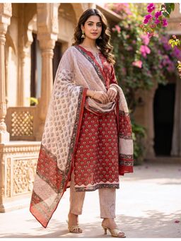 Ushvii - Maroon Hand Block Print Unstitched Kurta and Pant with Dupatta