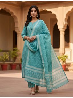 Ushvii - Green Hand Block Print Unstitched Kurta and Pant with Dupatta