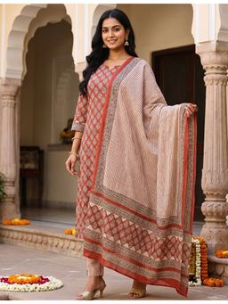 Ushvii - Hand Block Maroon Print Unstitched Kurta and Pant with Dupatta