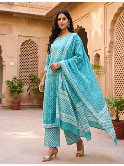 Ushvii - Green Hand Block Print Unstitched Kurta and Pant with Dupatta