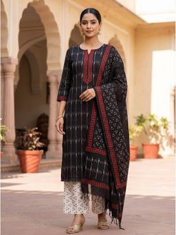Ushvii - Black Hand Block Print Unstitched Kurta and Pant with Dupatta