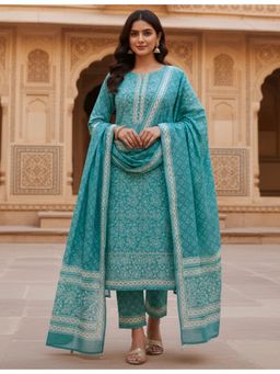 Ushvii - Green Hand Block Print Unstitched Kurta and Pant with Dupatta