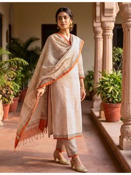 Ushvii - Beige Hand Block Print Unstitched Kurta and Pant with Dupatta