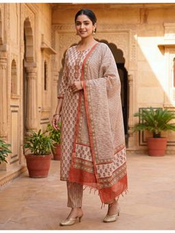 Ushvii - Khaki Hand Block Print Unstitched Kurta and Pant with Dupatta