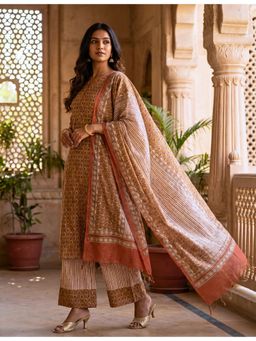 Ushvii - Mustard Hand Block Print Unstitched Kurta and Pant with Dupatta