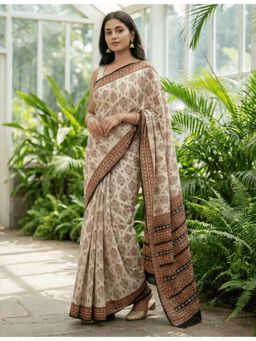 Ushvii - Beige Cotton Printed Saree