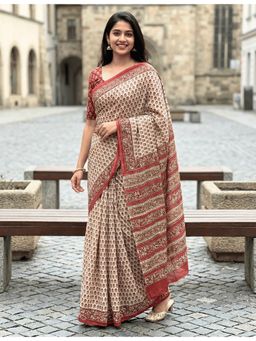 Ushvii - Beige Floral Saree