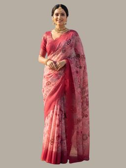 Odette - Maroon Silk Printed Saree with Unstitched Blouse