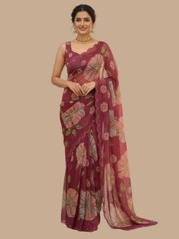 Odette - Maroon Organza Floral Saree with Unstitched Blouse