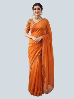 Odette - Orange Satin Embroidered Saree with Unstitched Blouse