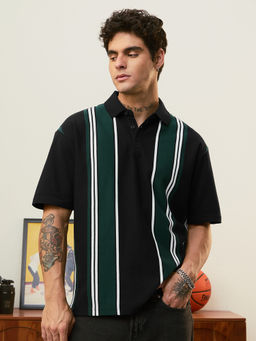 The Souled Store - Men Black Stripes Cotton Blend Polo T-Shirt