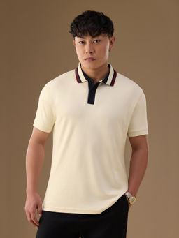 The Souled Store - Men Off White Solid/Plain Cotton Blend Polo T-Shirt
