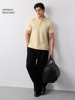 The Souled Store - Men Beige Solid/Plain Cotton Blend Polo T-Shirt