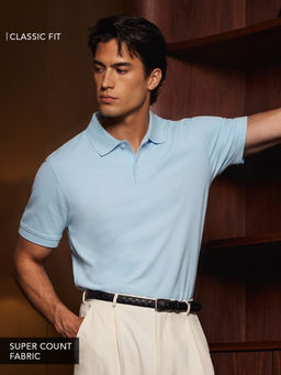The Souled Store - Men Blue Solid/Plain Cotton Blend Polo T-Shirt