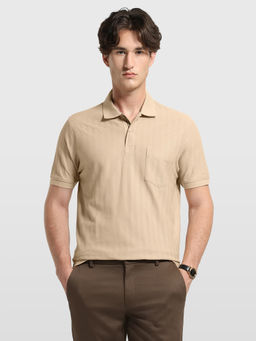 Arrow Sports - Men Beige Self Design Cotton Polo T-Shirt