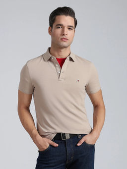 Tommy Hilfiger - Men Beige Solid/Plain Cotton Polo T-Shirt