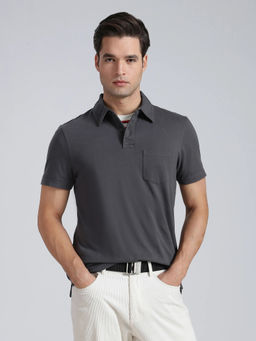 Tommy Hilfiger - Men Black Solid/Plain Cotton Blend Polo T-Shirt
