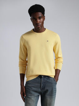 Tommy Hilfiger - Men Yellow Solid/Plain Cotton Sweater