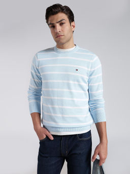 Tommy Hilfiger - Men Blue Stripes Cotton Sweater
