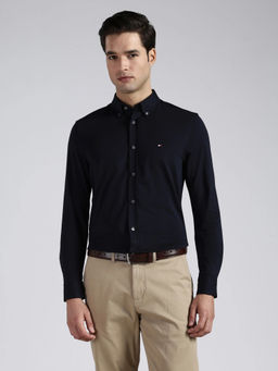 Tommy Hilfiger - Men Navy Blue Solid/Plain Cotton Shirt