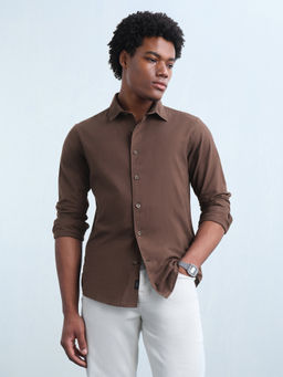 Flying Machine - Men Brown Solid/Plain Cotton Shirt
