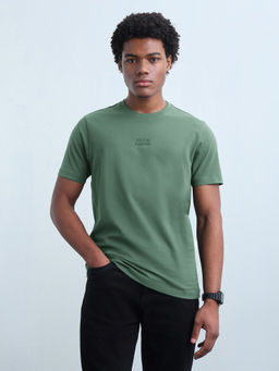 Flying Machine - Men Green Solid/Plain Cotton T-Shirt