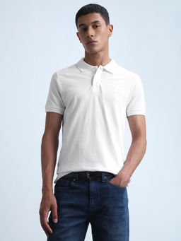 Flying Machine - Men White Solid/Plain Cotton Polo T-Shirt