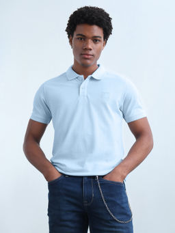 Flying Machine - Men Blue Solid/Plain Cotton Polo T-Shirt