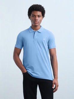 Flying Machine - Men Blue Solid/Plain Cotton Polo T-Shirt