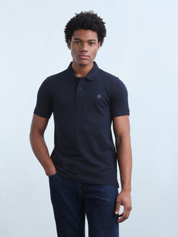 Flying Machine - Men Blue Solid/Plain Cotton Polo T-Shirt