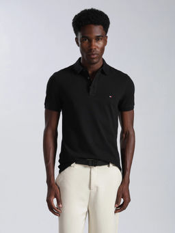 Tommy Hilfiger - Men Black Solid/Plain Cotton Polo T-Shirt
