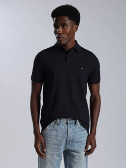 Tommy Hilfiger - Men Navy Blue Solid/Plain Cotton Polo T-Shirt