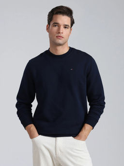 Tommy Hilfiger - Men Blue Solid/Plain Cotton Sweatshirt