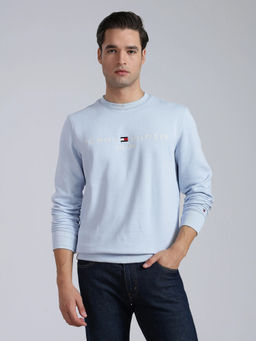 Tommy Hilfiger - Men Blue Solid/Plain Cotton Sweatshirt
