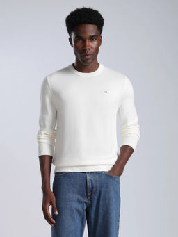 Tommy Hilfiger - Men White Solid/Plain Cotton Sweatshirt