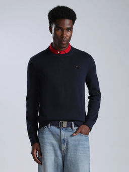 Tommy Hilfiger - Men Blue Solid/Plain Cotton Sweater