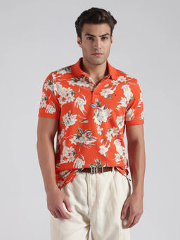 Tommy Hilfiger - Men Orange Floral Cotton Polo T-Shirt