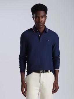 Tommy Hilfiger - Men Blue Solid/Plain Cotton Blend Polo T-Shirt
