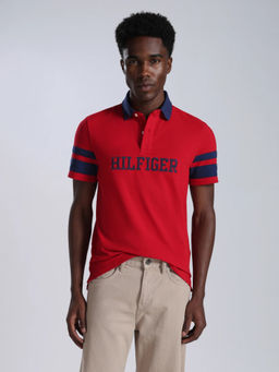 Tommy Hilfiger - Men Red Typography Cotton Polo T-Shirt